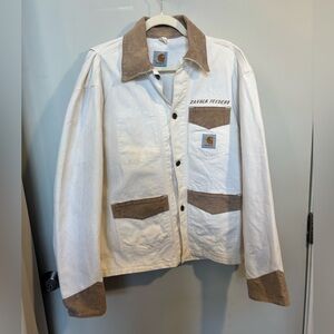 Carhartt Jacket Cream Canvas Brown Cord Collar Barn Coat